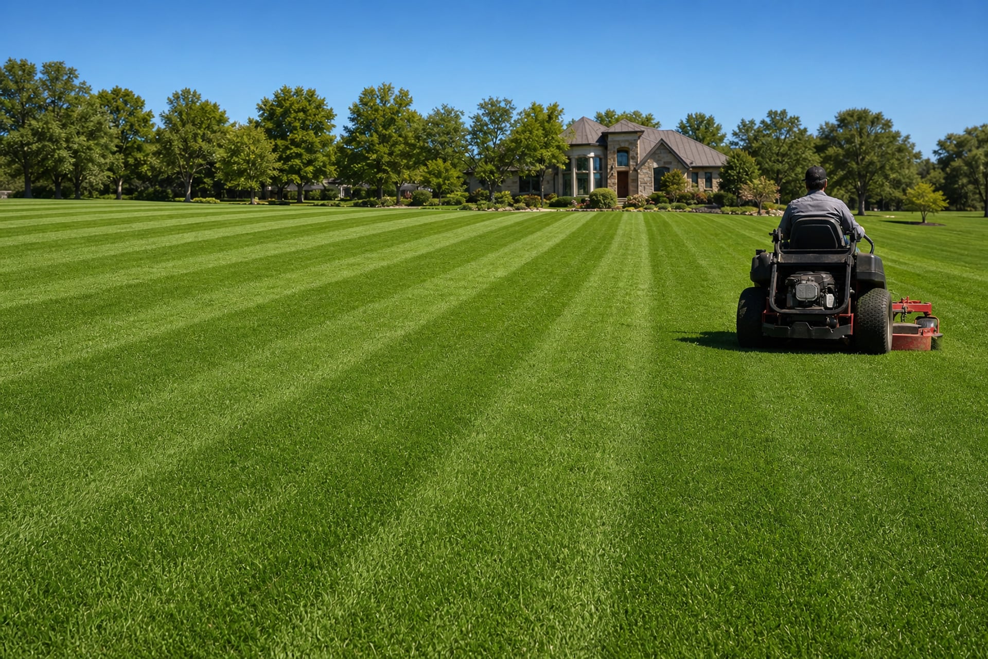 Fresh mow stripes sweeping across a deep green lawn, the crew mowing off at the far edge
