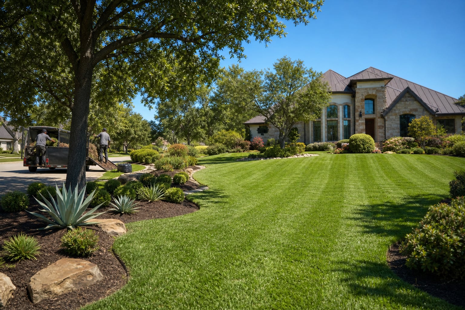 A finished front yard with crisp stripes, clean bed edges and fresh mulch