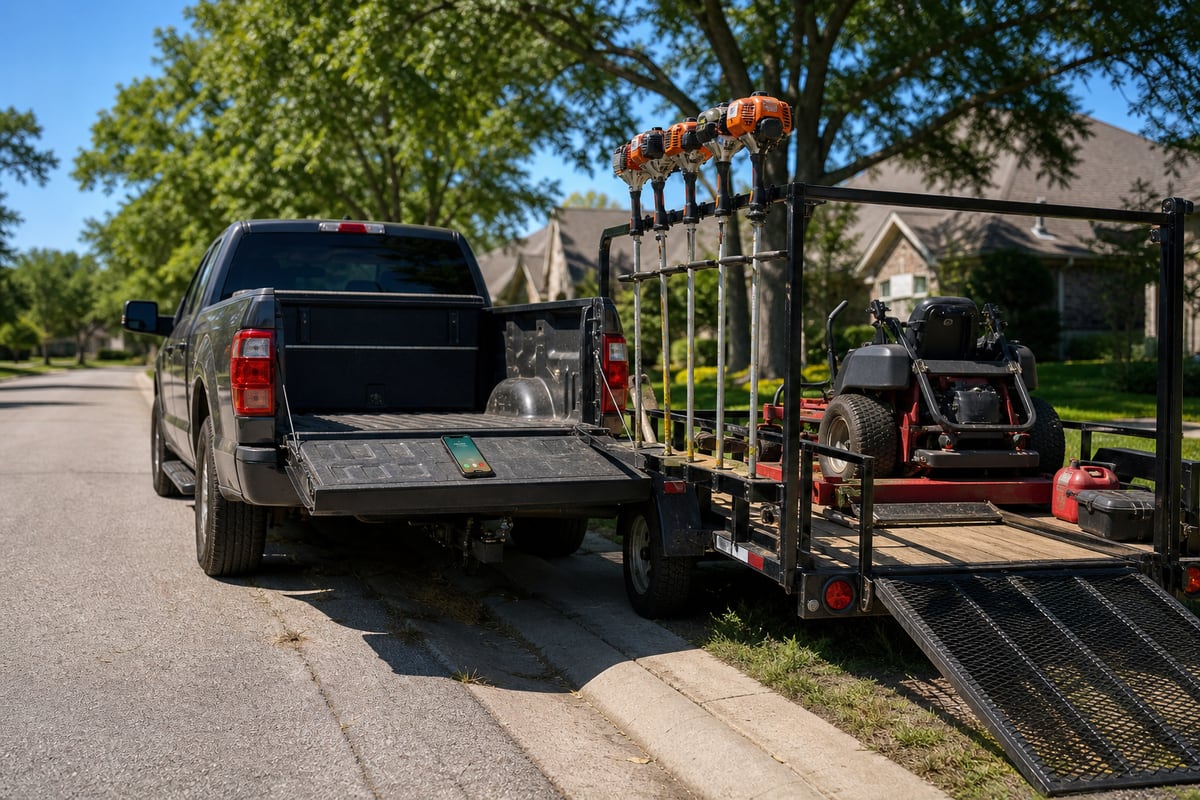 A work truck and open trailer at the curb, a phone lying lit on the tailgate while the crew works