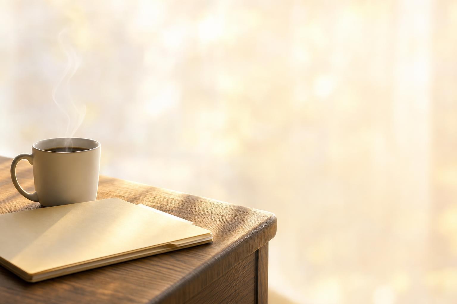 Eye level with the desk at 8:05 AM — a squared manila file and a cup of coffee in first light, the chambers falling soft beyond