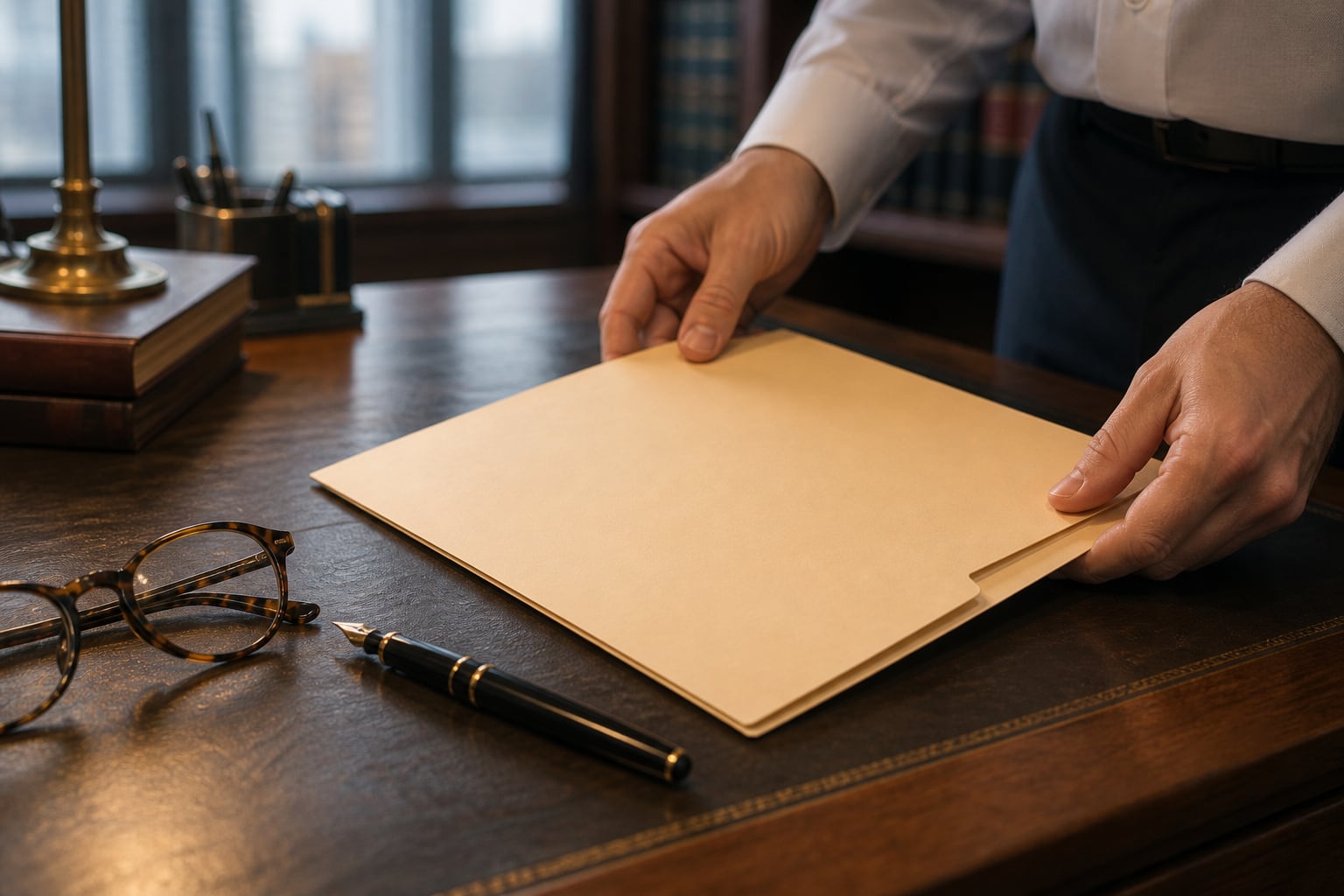 Hands placing a fresh manila matter file on an oak desk in morning light