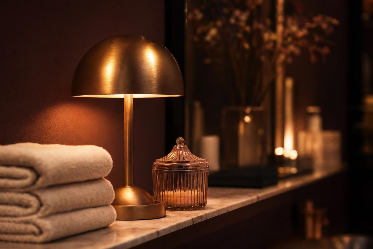 A brass lamp glowing beside folded cream towels and a fluted glass jar on a marble shelf at dusk