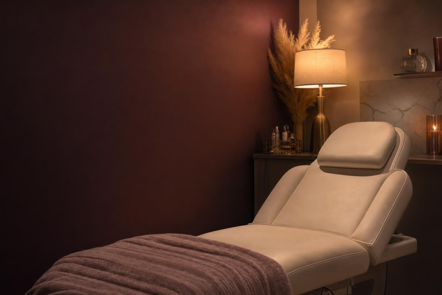 An empty med spa treatment room at dusk — cream chaise, warm brass lamp glowing, deep plum wall in shadow