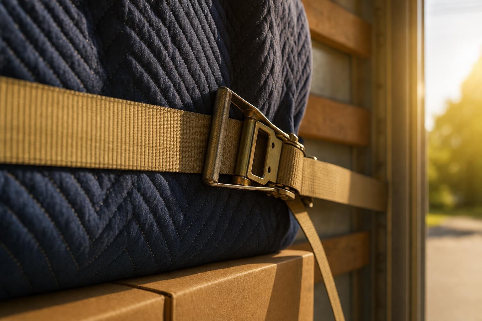 A ratchet strap cinched tight over navy moving blankets and kraft boxes inside a truck, afternoon light through the door