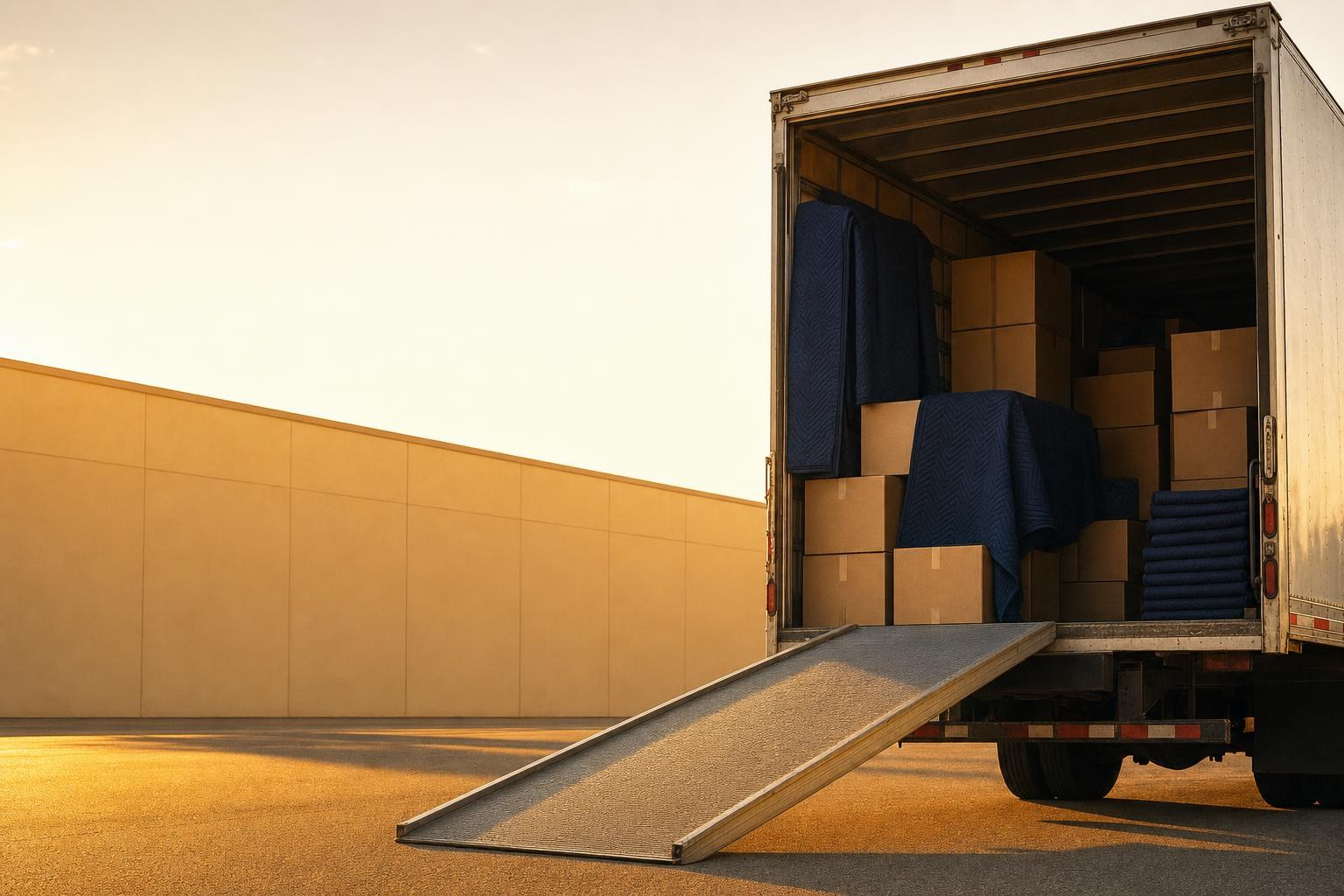 An open box-truck rear with its ramp down at golden hour, loaded with kraft boxes and navy moving blankets, long morning light on the warehouse wall