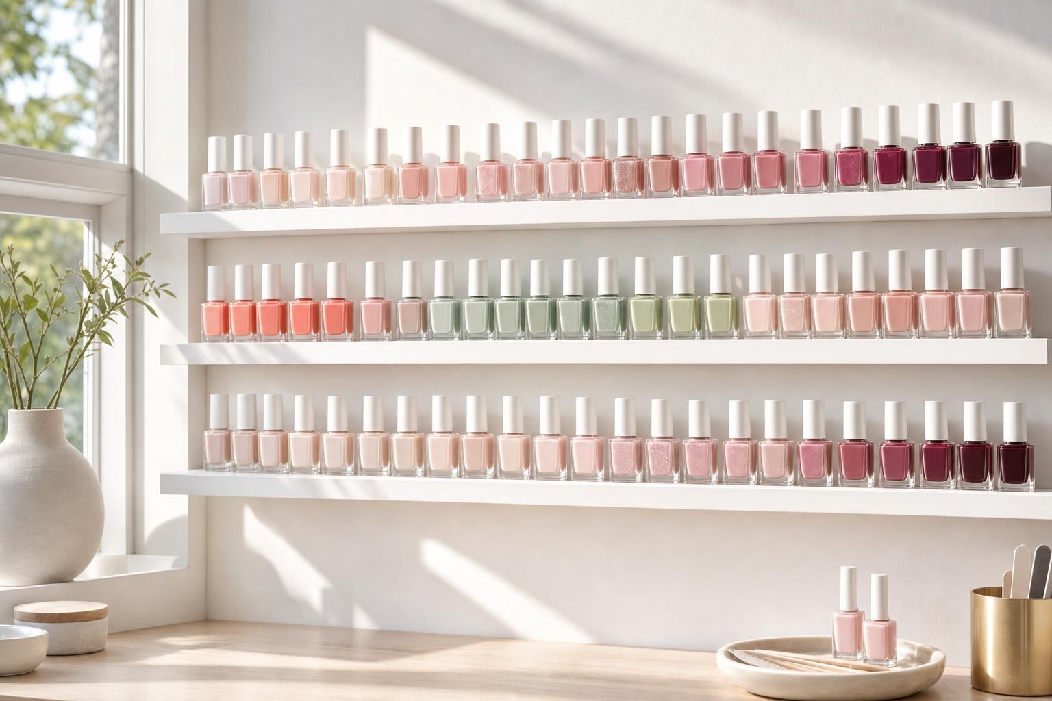 A sunlit wall of polish bottles in pinks, nudes and greens above a bright salon shelf