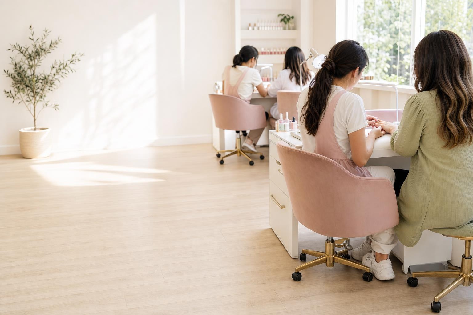 A bright nail salon in full Saturday swing — a tech mid-set at a sunlit station, the day fully booked around her