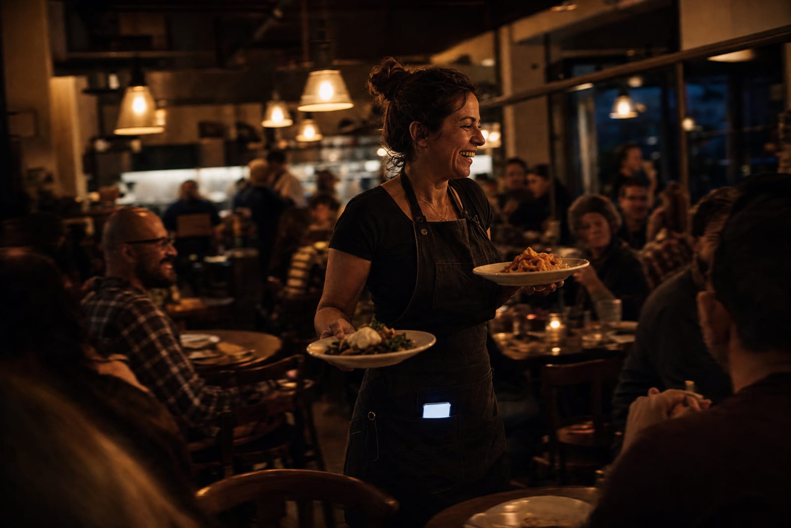 A restaurant owner mid-rush while her phone answers for her