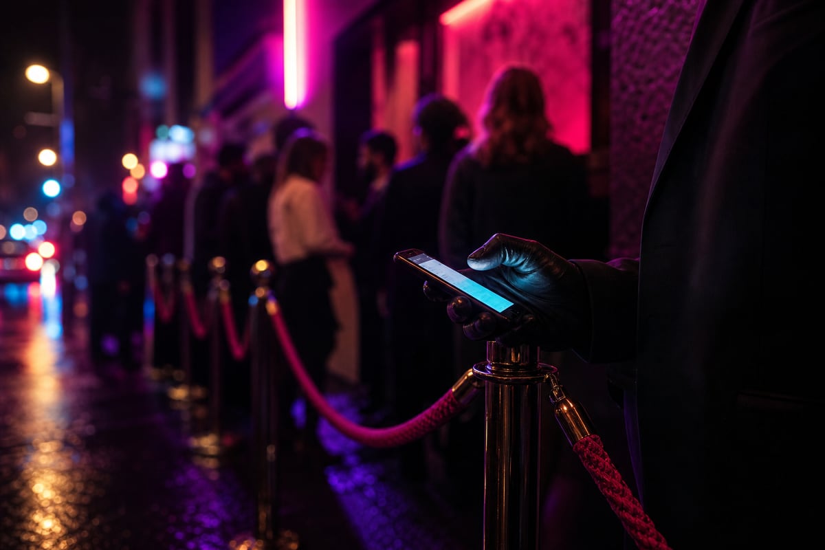 A doorman's hand holding a glowing phone over a stanchion rope outside the club at night
