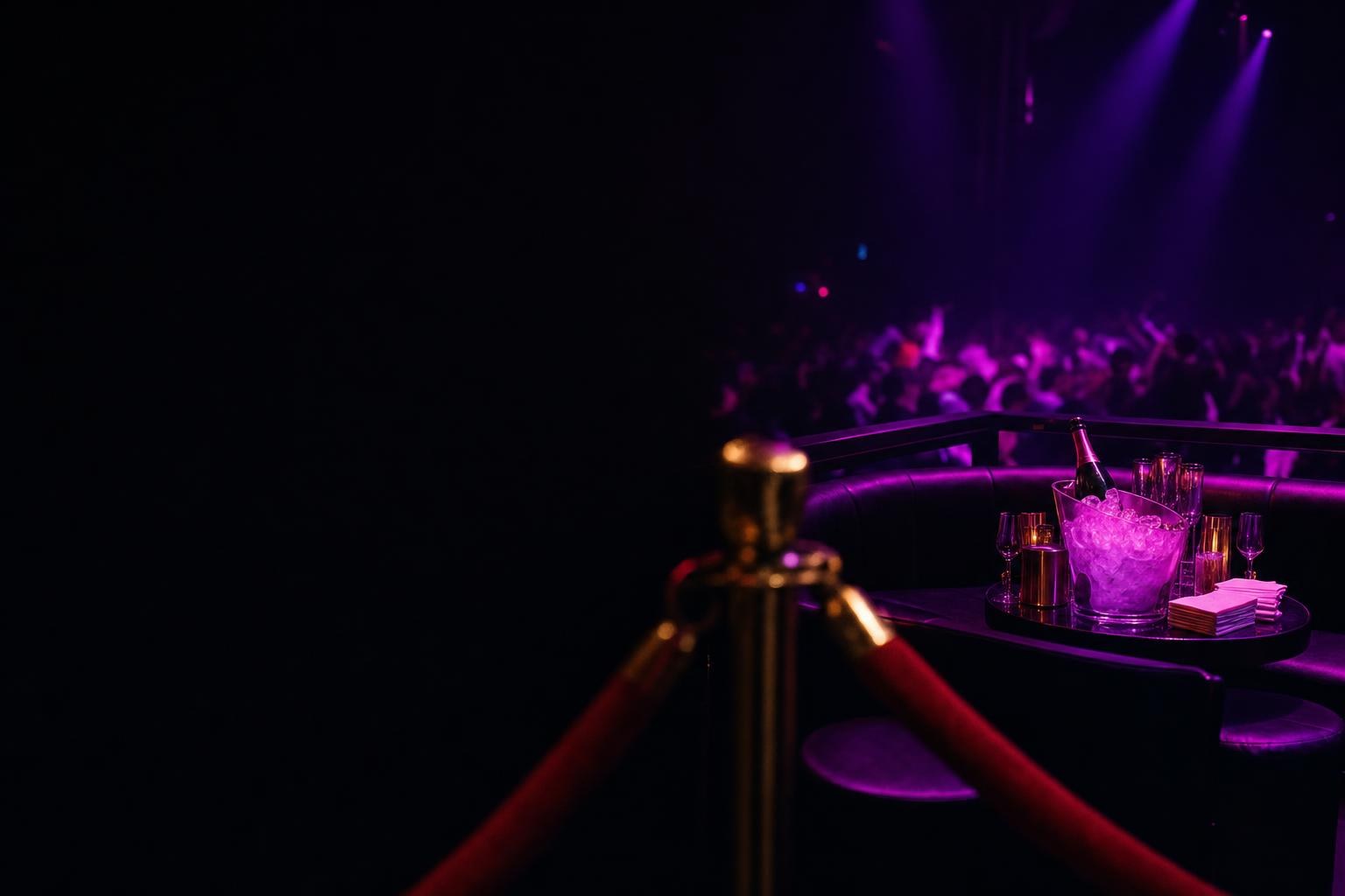 From behind the velvet rope at peak hour — a dressed, empty VIP booth glowing under magenta and ultraviolet light, the crowd a blur beyond