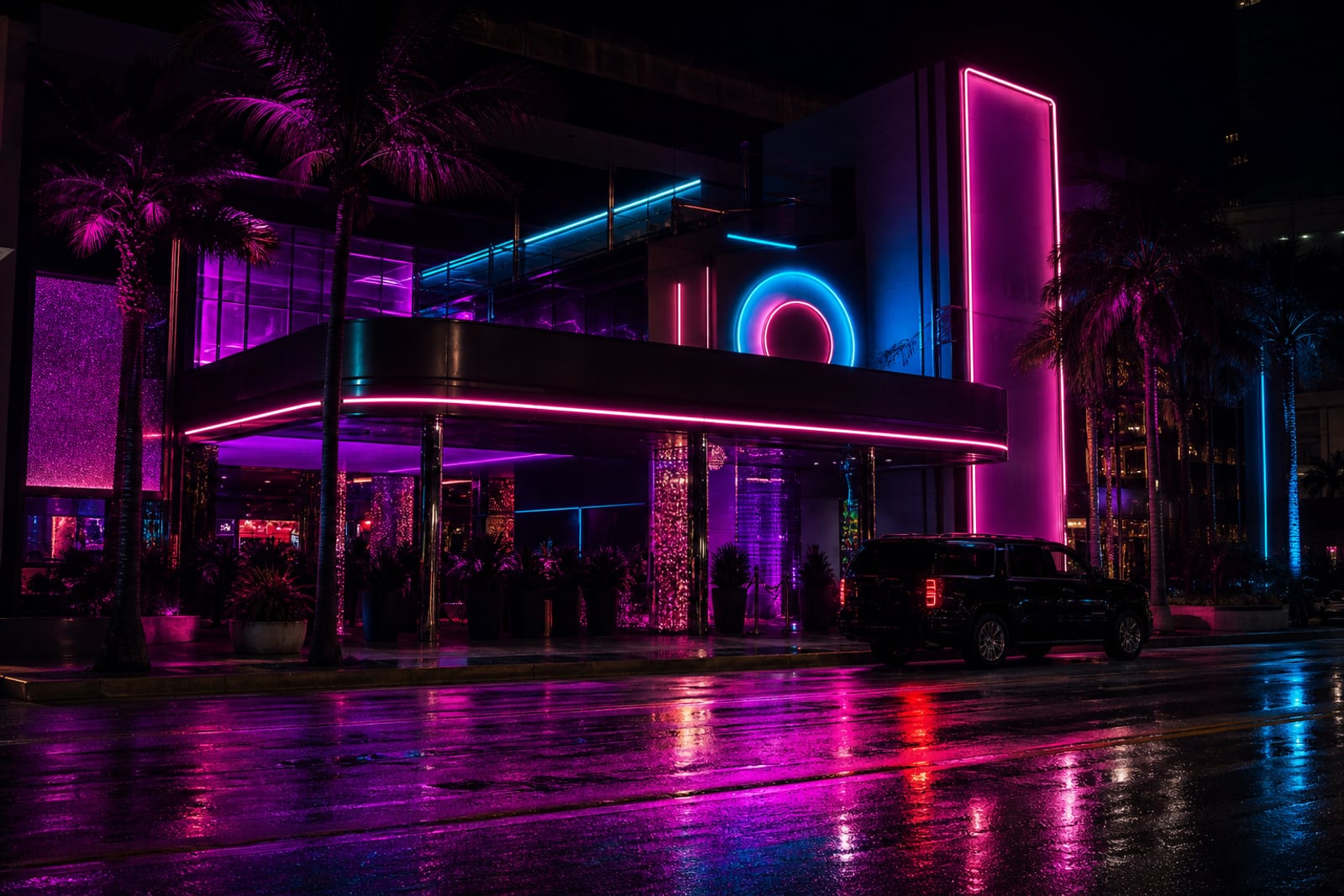 The club's neon-washed facade at night, color mirrored in wet asphalt