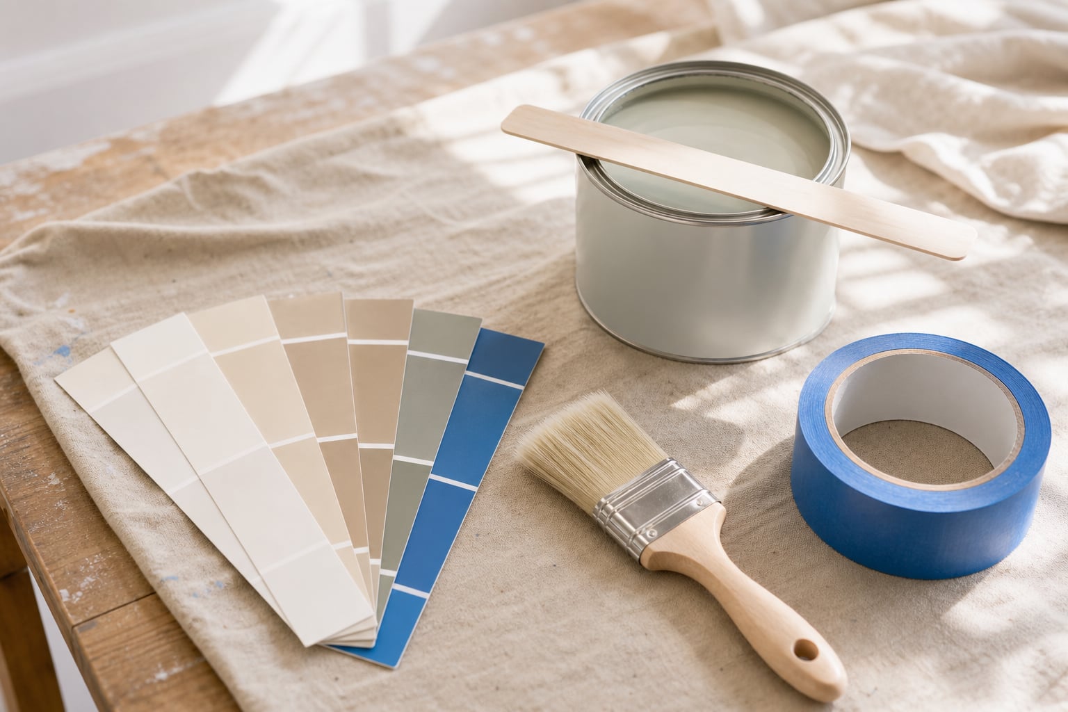 A painter’s work table with a fanned deck of swatch cards, brush, and blue tape in bright daylight