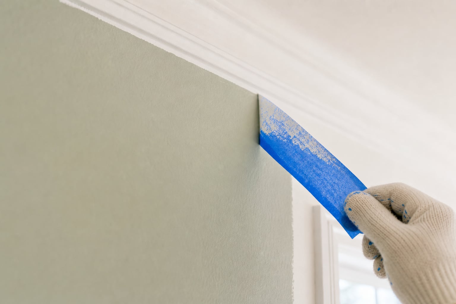 Blue painter’s tape being peeled away to reveal a perfectly crisp cut line