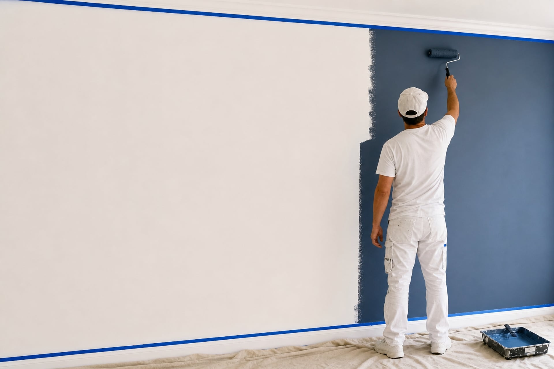A wall in mid-repaint — bare white primer on the left, a painter rolling a deep slate-blue coat at the wet edge