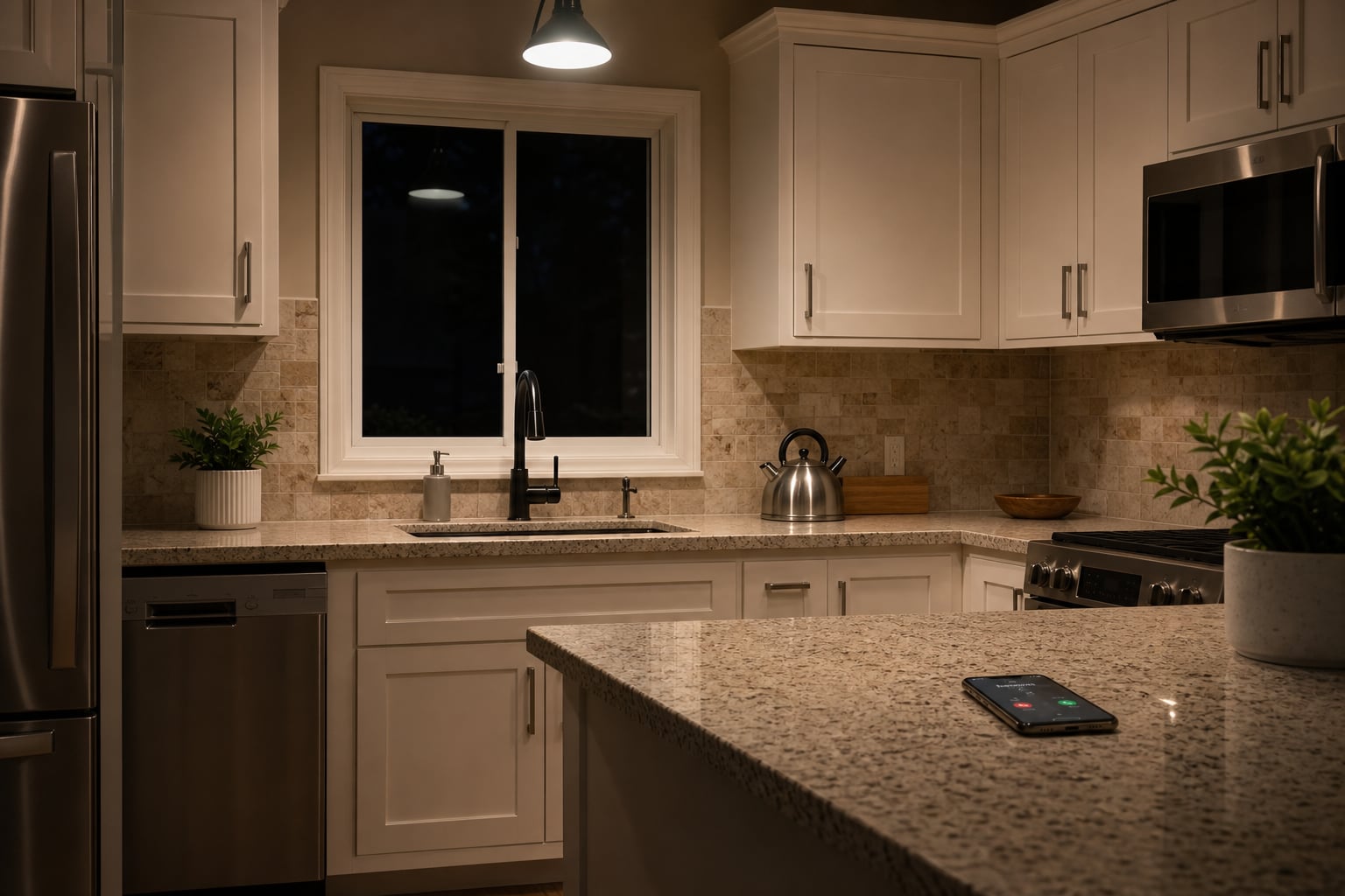 A kitchen at 9 PM, light just switched on, a phone mid-dial on the counter