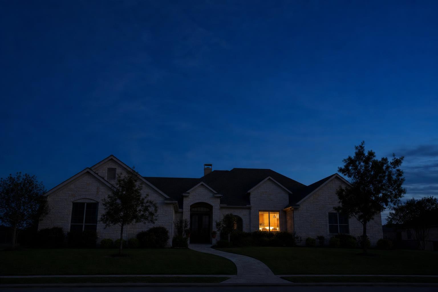 The technician working the far corner of a limestone home's perimeter under a big Texas sky