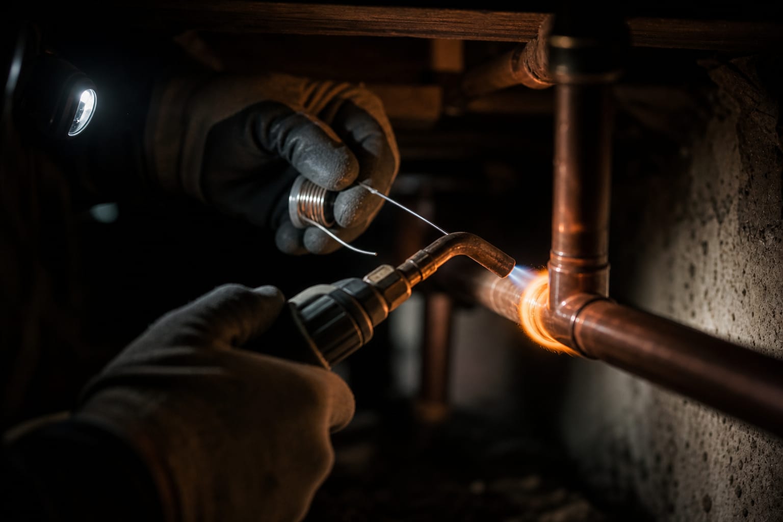Gloved hands soldering a copper joint by torchlight under a house
