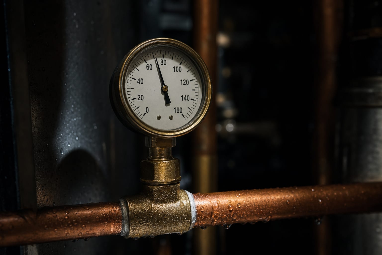 A brass pressure-test gauge on a copper line under headlamp light