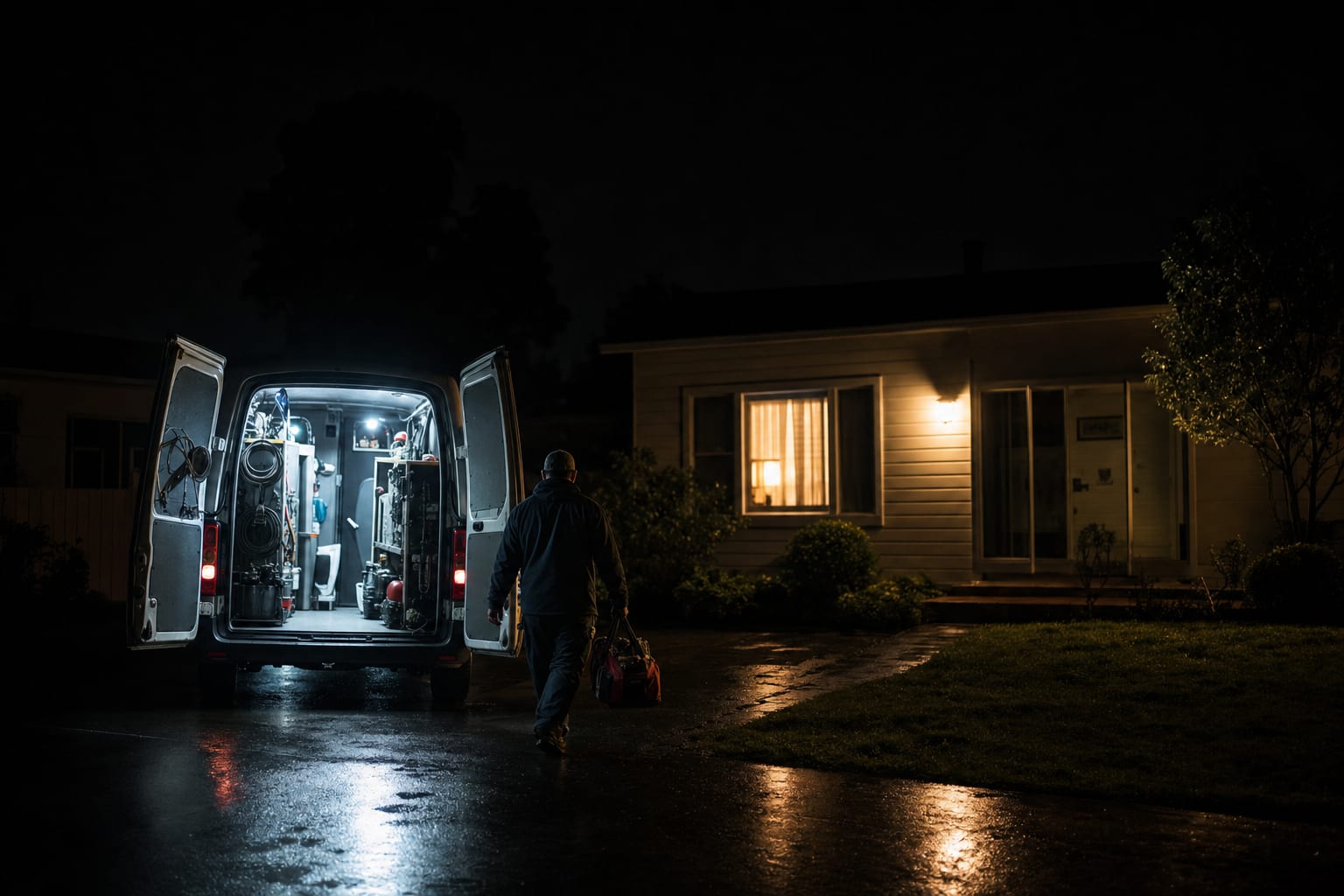 A plumber’s van at 2 a.m., work light spilling across a driveway toward one lit porch