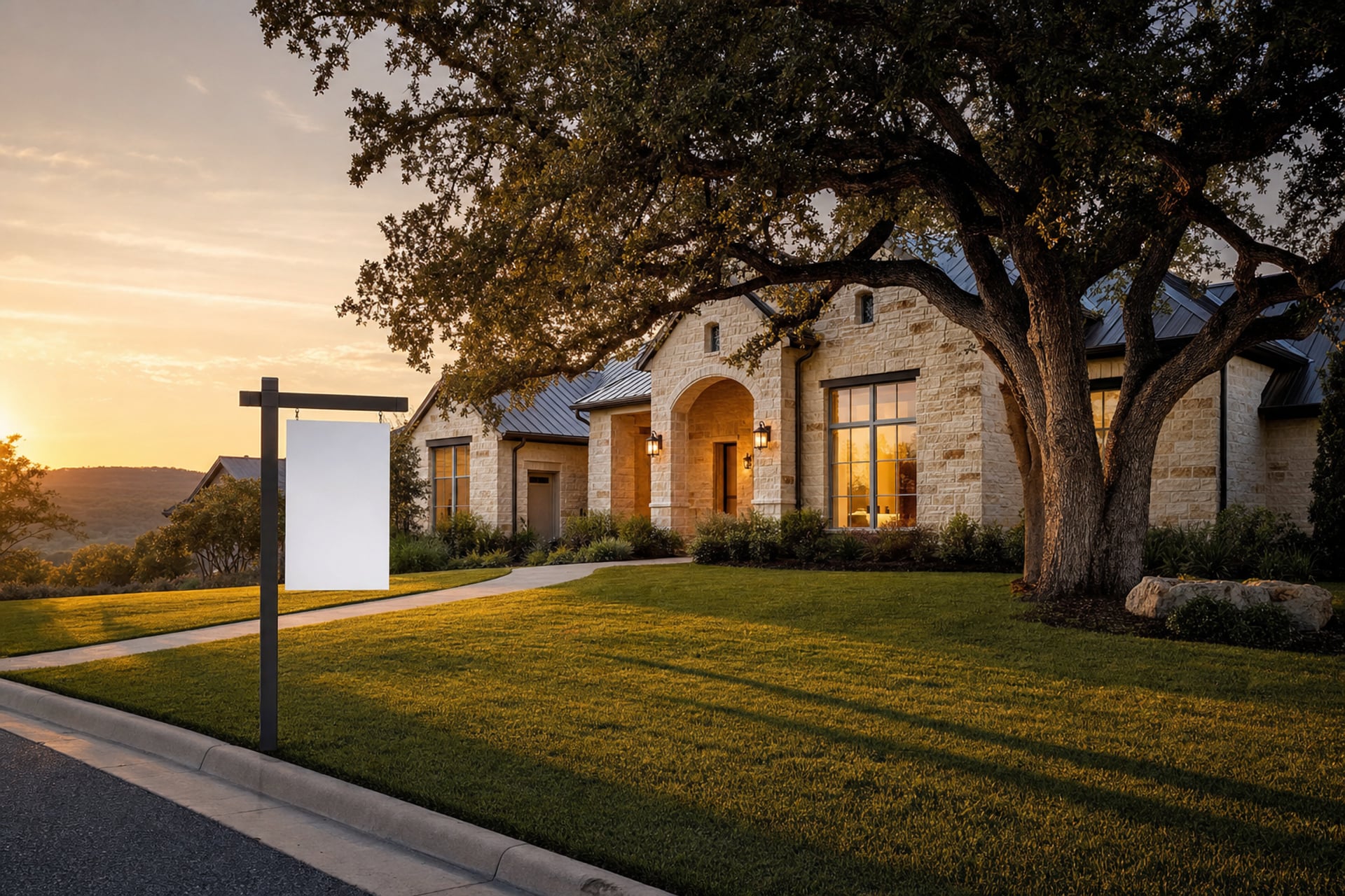 A limestone home at golden hour, warm windows glowing, a blank yard sign by the curb
