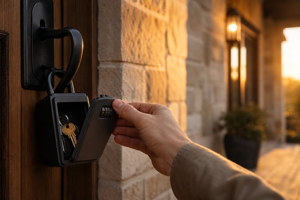 A hand opening a lockbox on a front door handle in warm evening light
