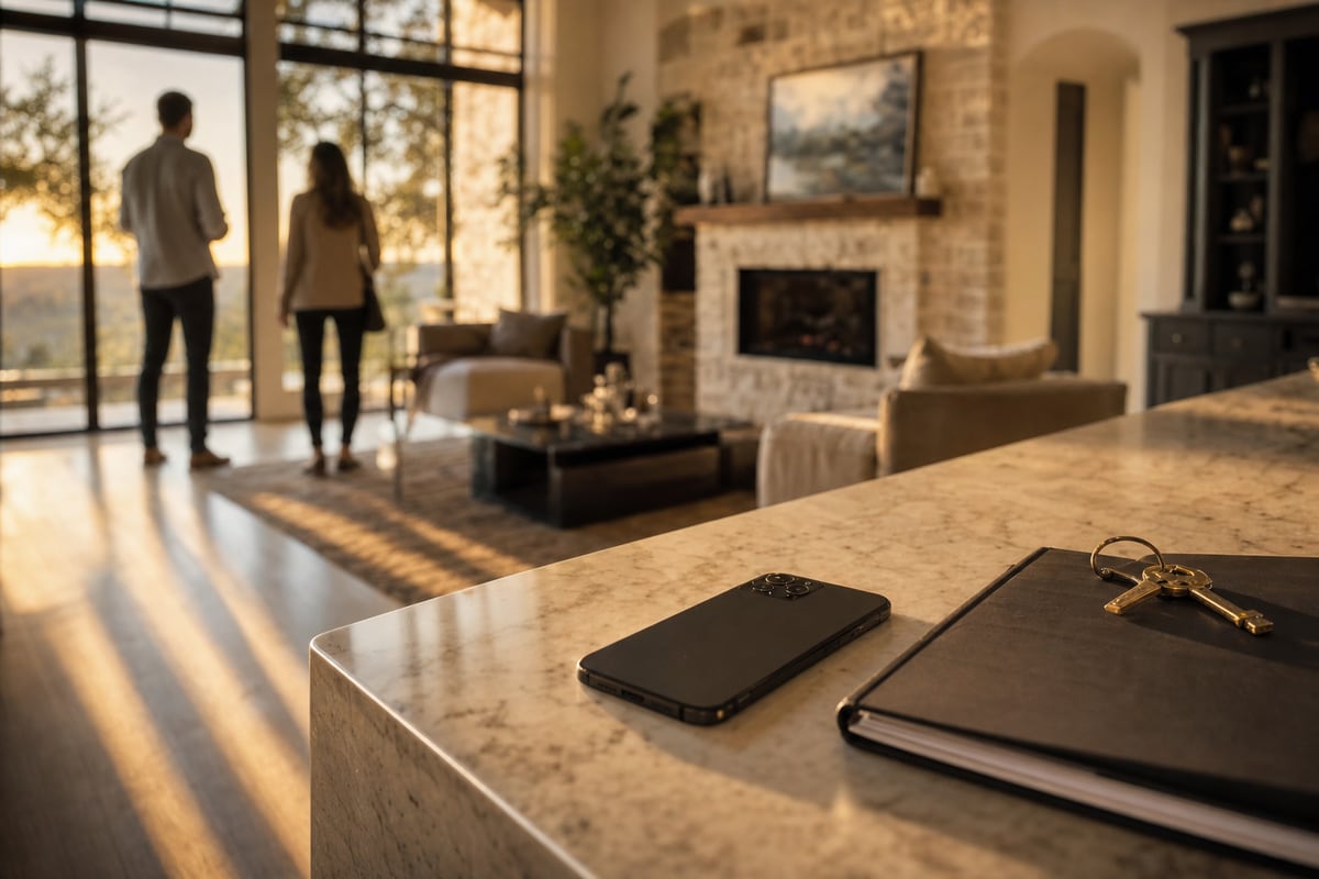 A staged living room mid-showing at golden hour, the agent's phone face-down in the foreground