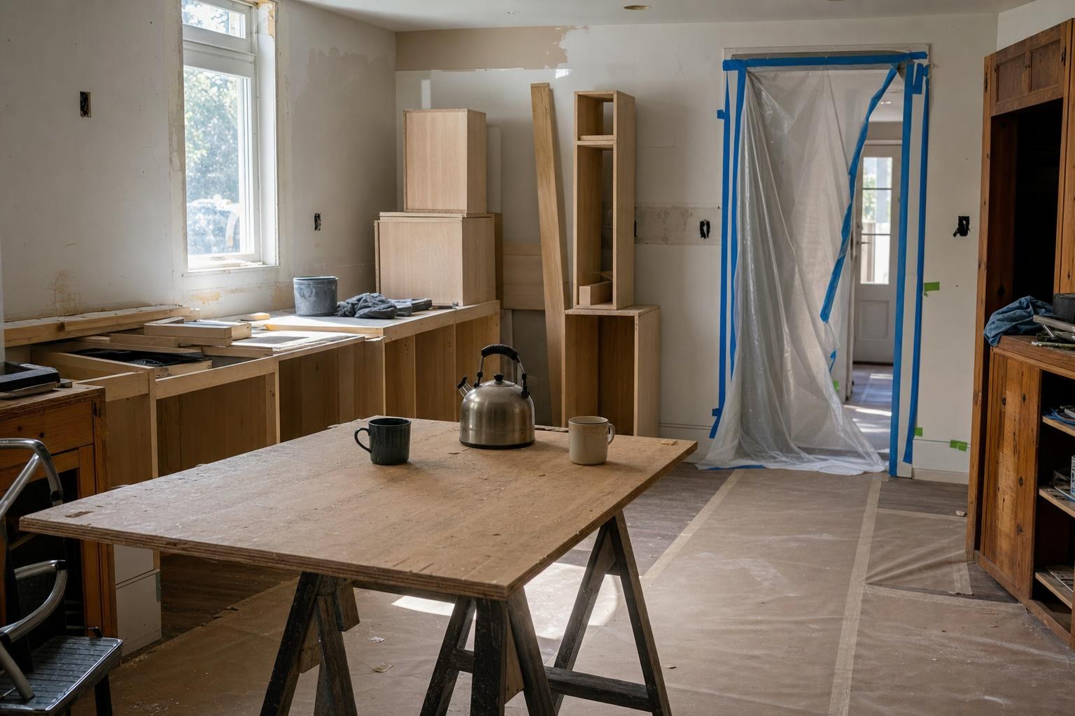 A kitchen mid-remodel — cabinets boxed, floors papered, a kettle and two mugs on a plywood board across sawhorses