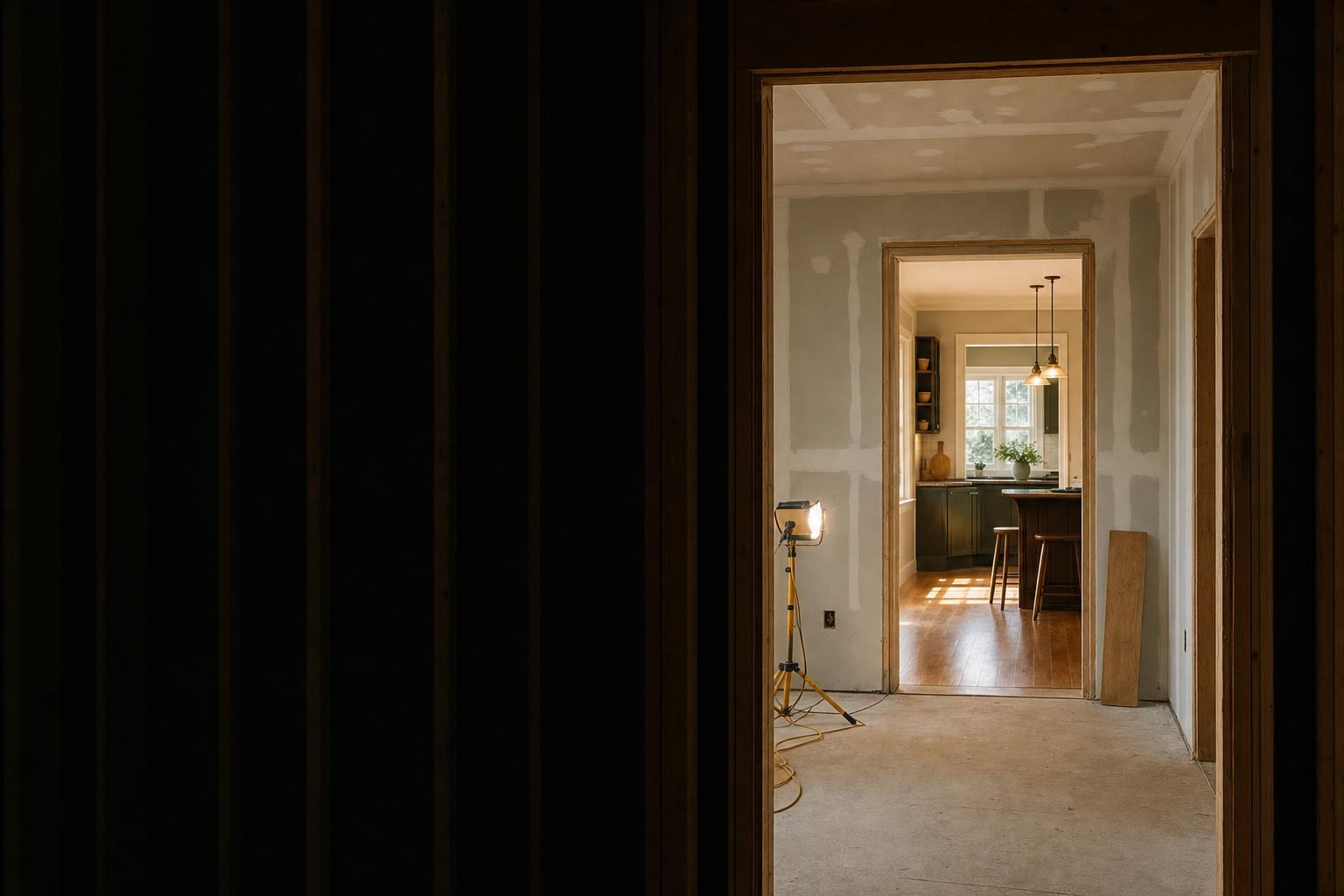 Looking through a home mid-remodel, doorway to doorway — bare studs near, drywall next, and the finished, lit kitchen at the end