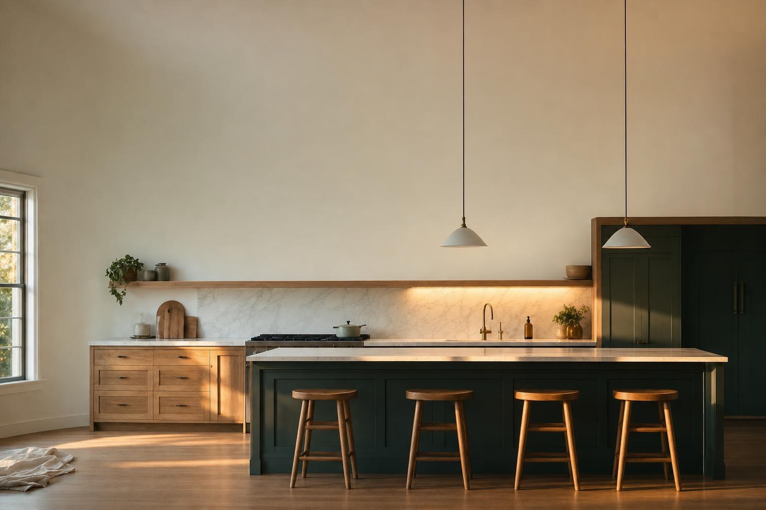 A just-finished kitchen in warm morning light, one folded drop cloth left in the corner