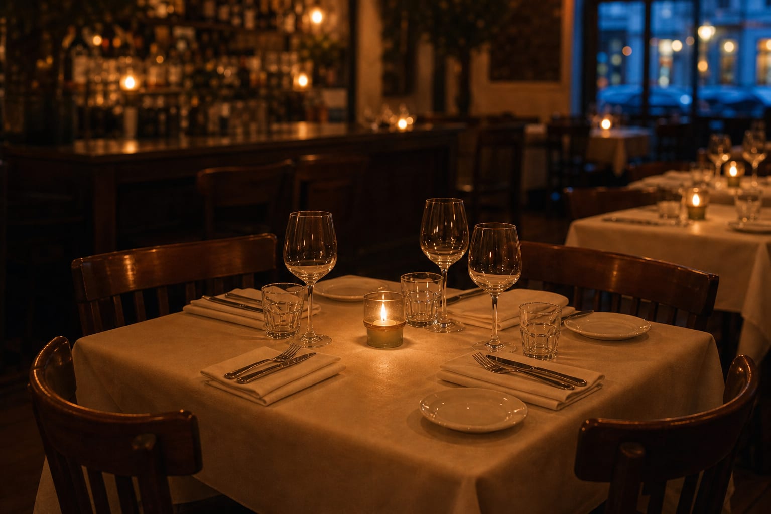 A fully set four-top waiting in candlelight, four empty chairs