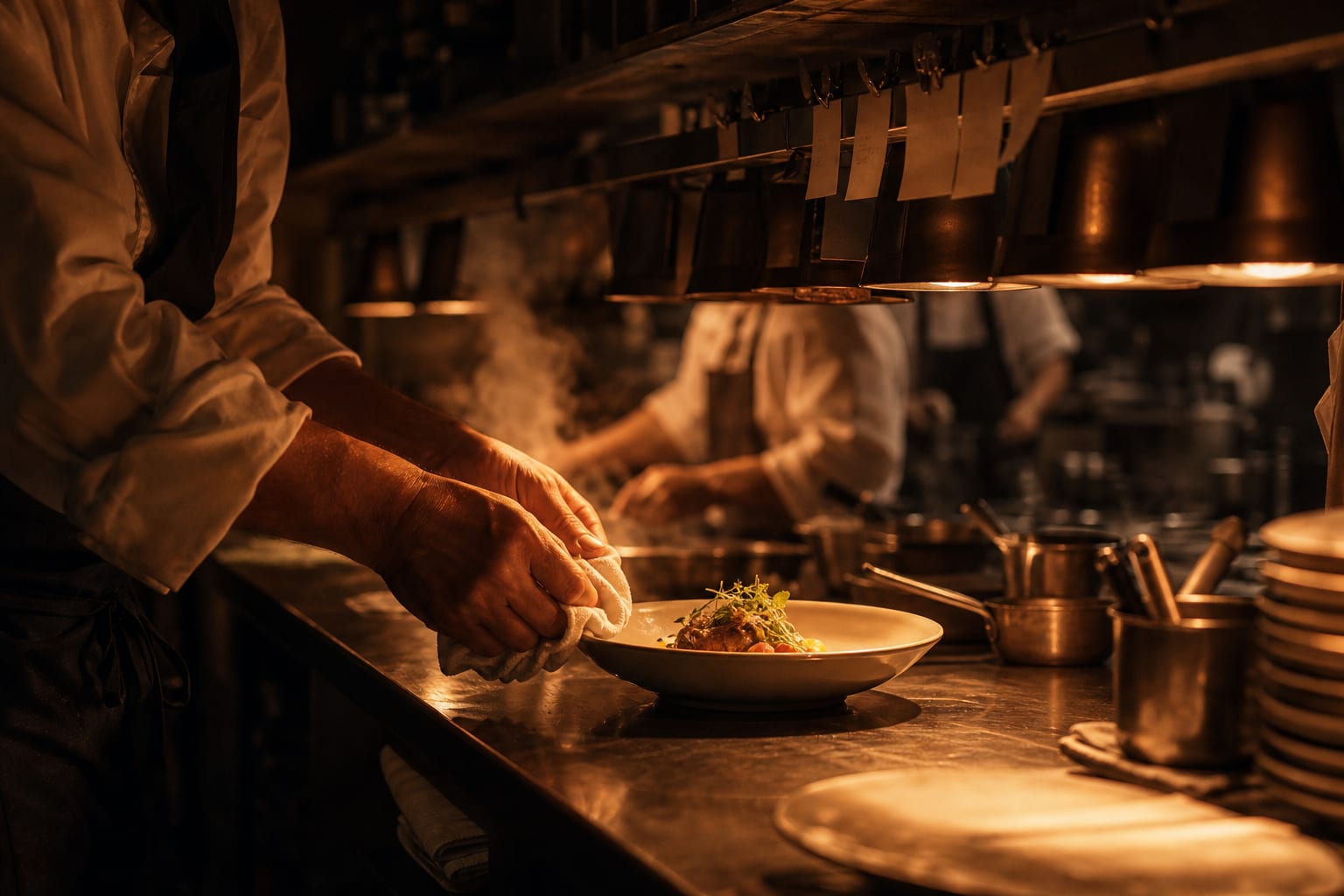 A chef’s hands finishing a plate at the pass under warm heat-lamp light