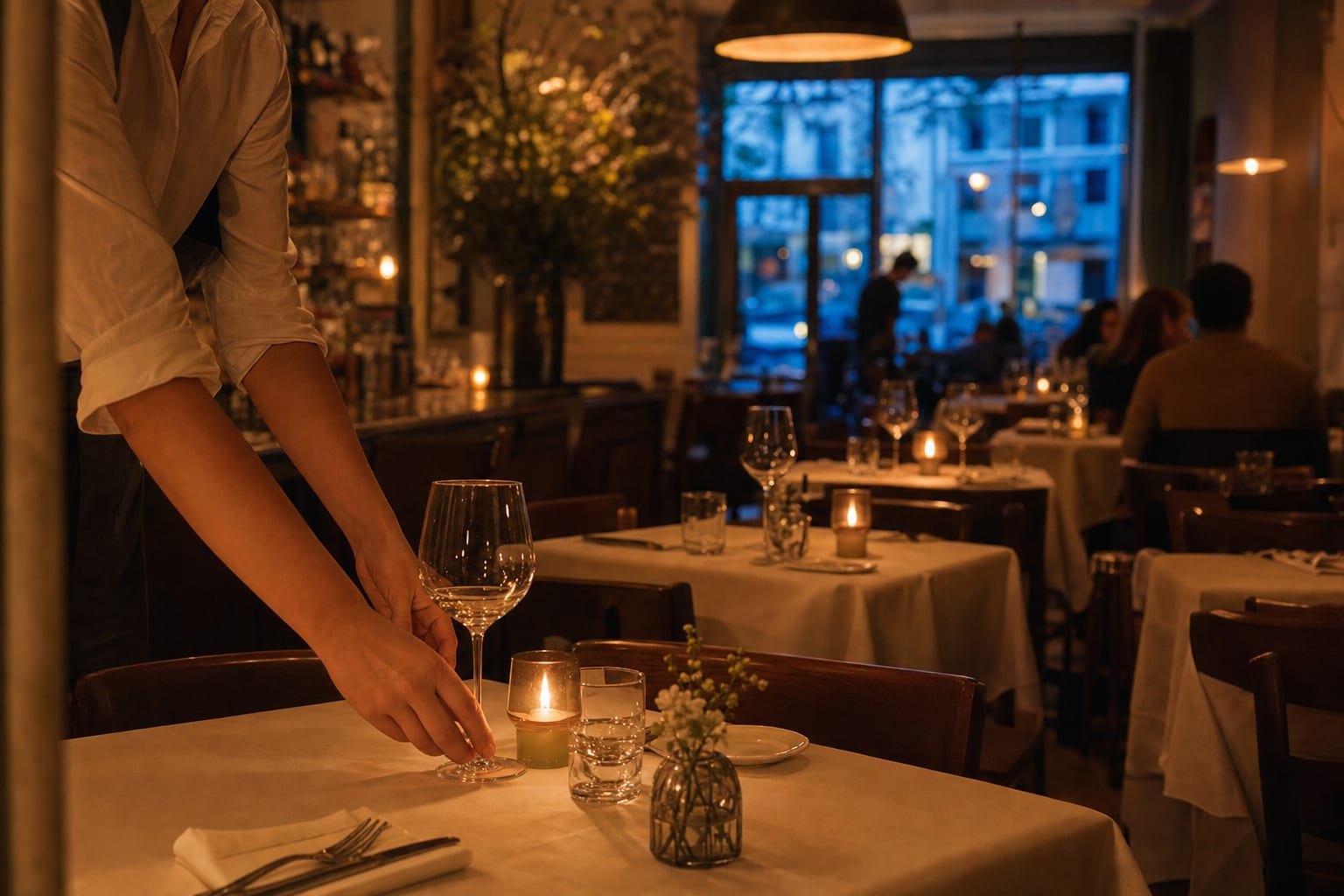 A candlelit bistro dining room at early evening service, tables set in linen and low light