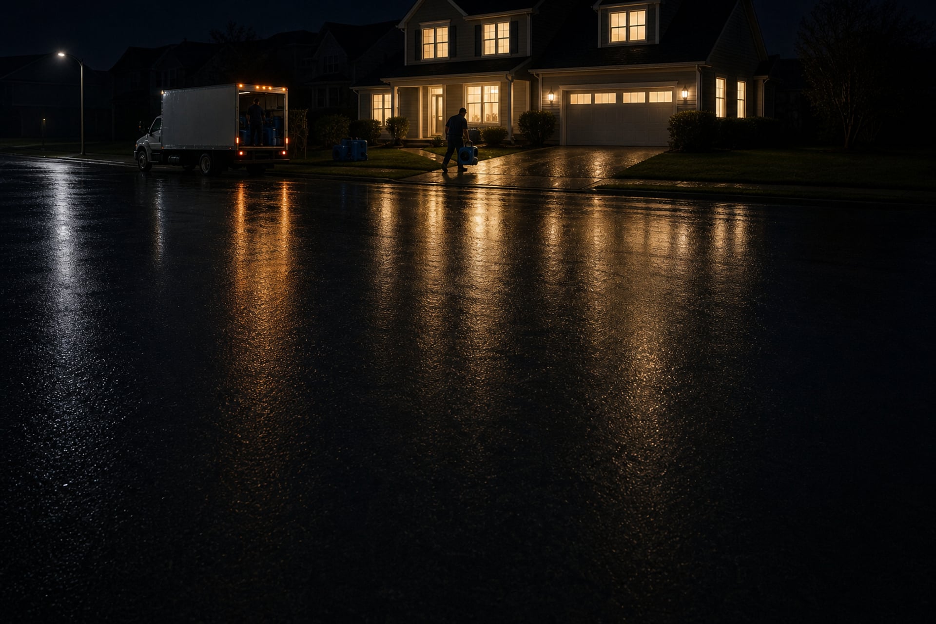 A lit house at 1:47 AM, the crew unloading — the wet street reflecting every window
