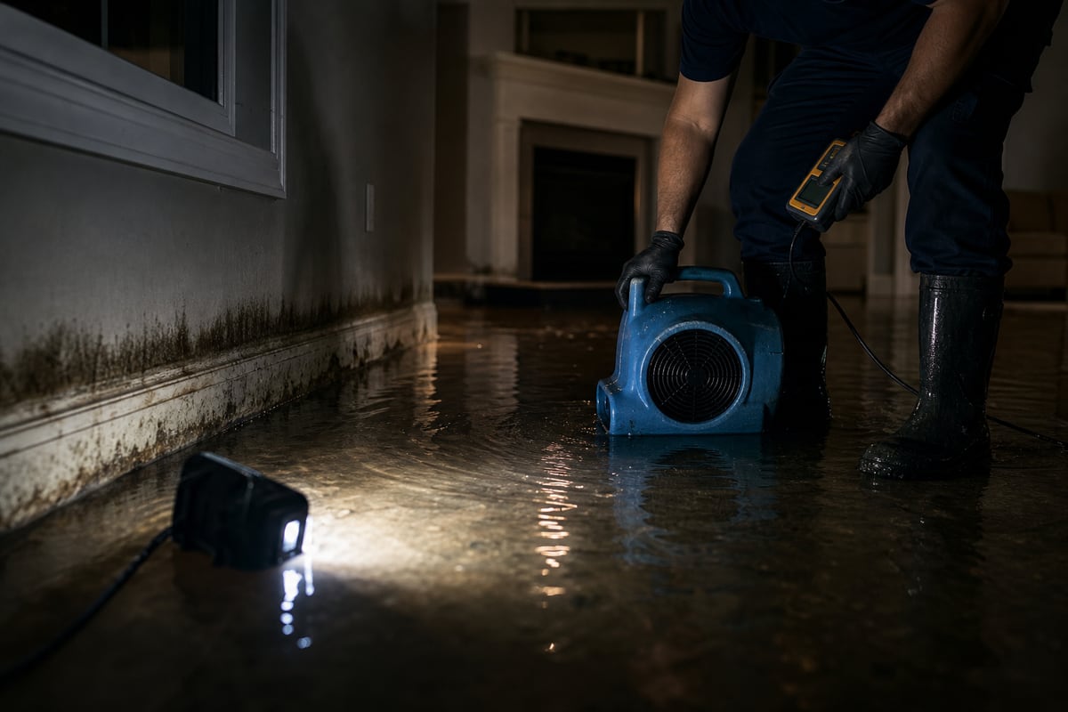 A technician setting an air mover in a flooded living room under a work light