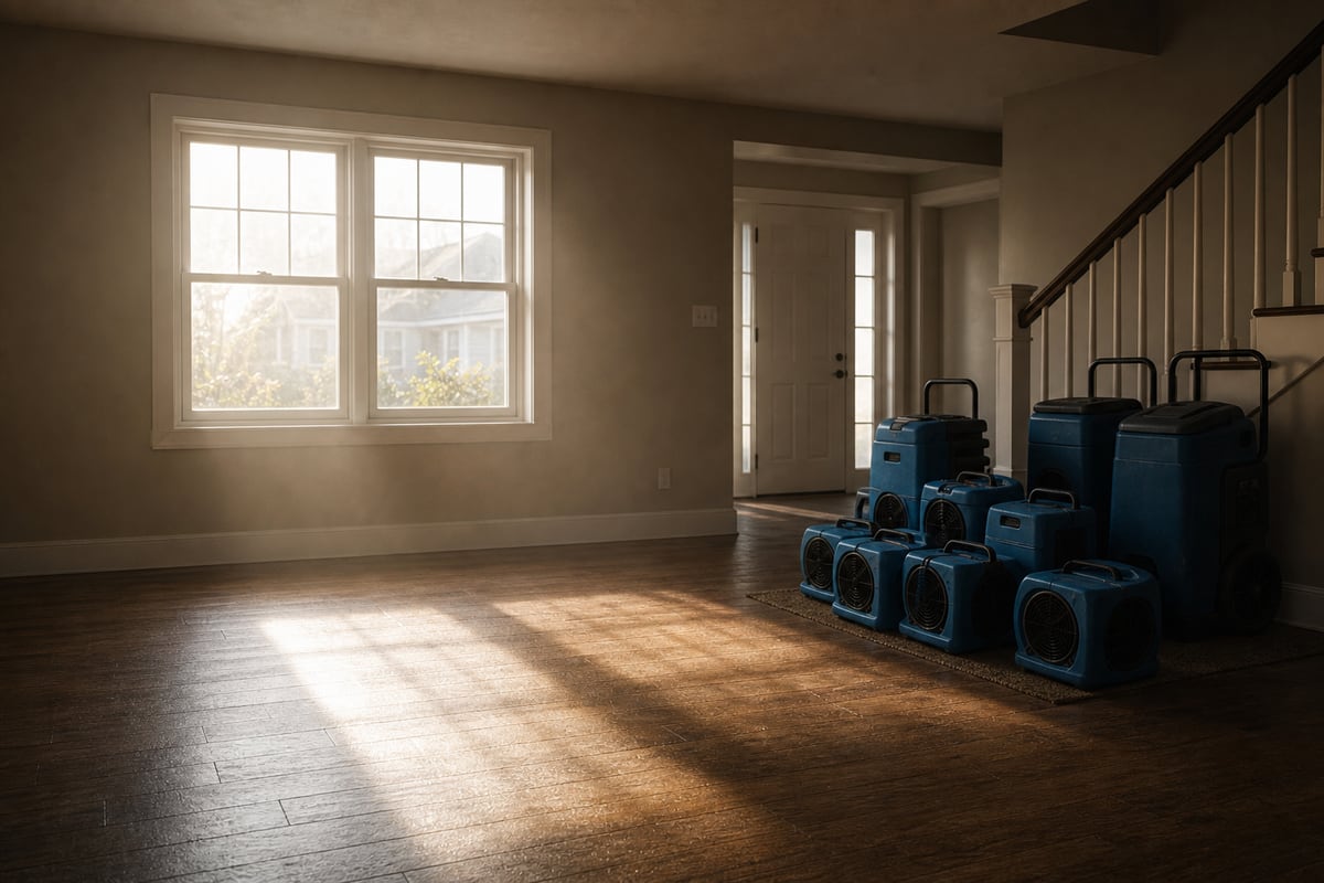 Morning light on a dried living-room floor, drying equipment stacked by the door