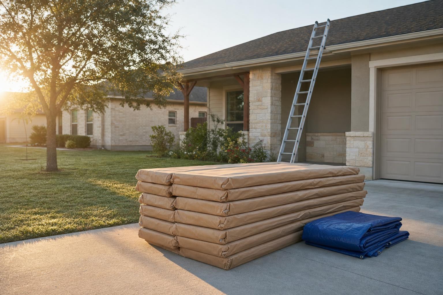 Shingle bundles in plain kraft wrappers stacked on a driveway in early morning light, a ladder against the eave behind them