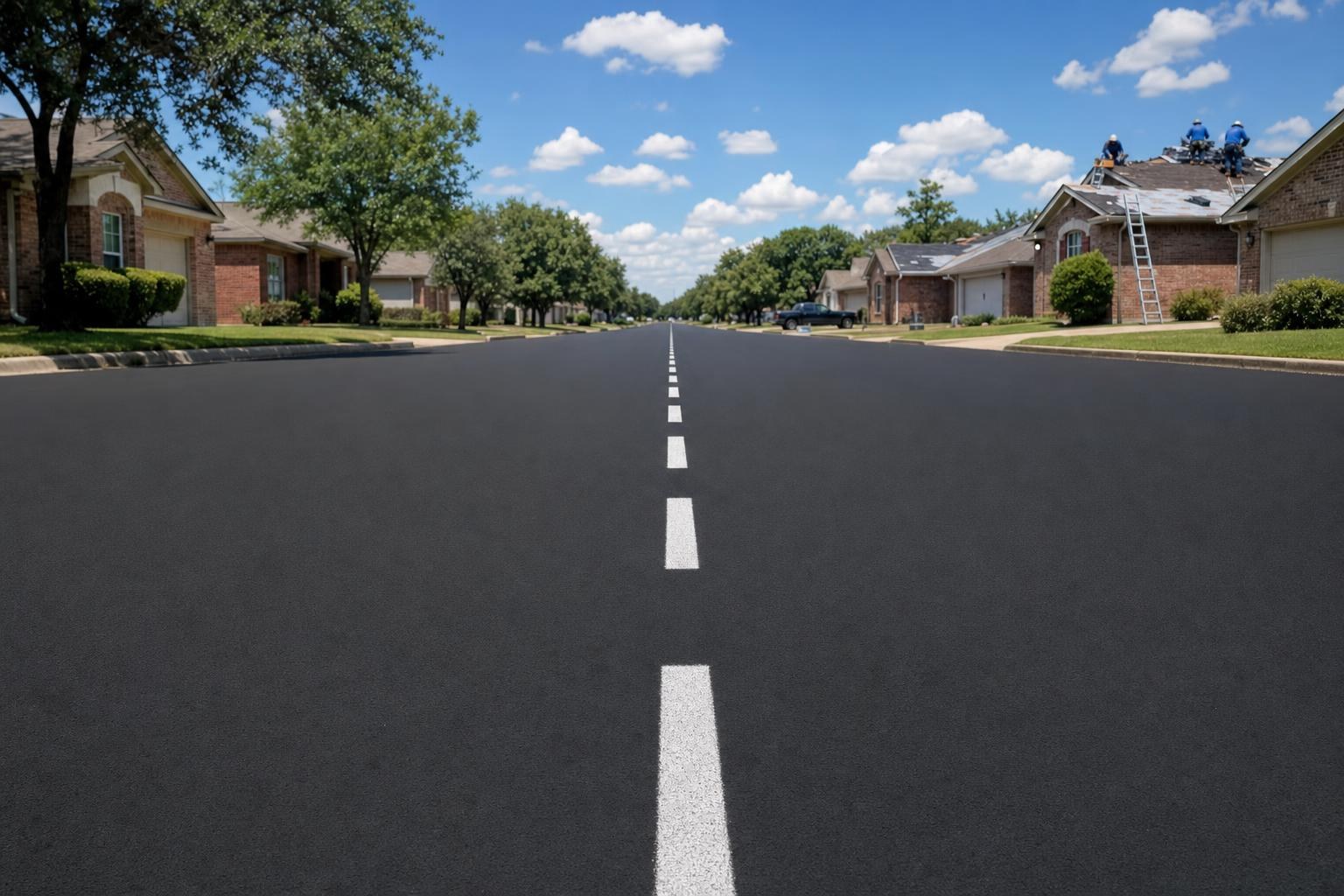 Standing on the centerline of a quiet residential street in morning light, shingled roofs running to the horizon on both sides, a roofing crew small on one roof far down the block
