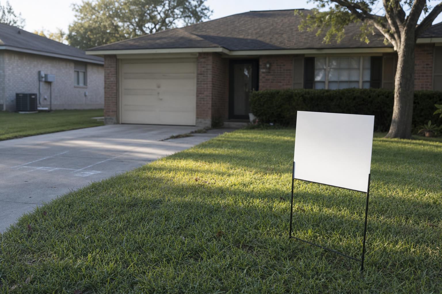 Another company’s blank yard sign planted in a green front lawn in morning light, the bid house soft behind it
