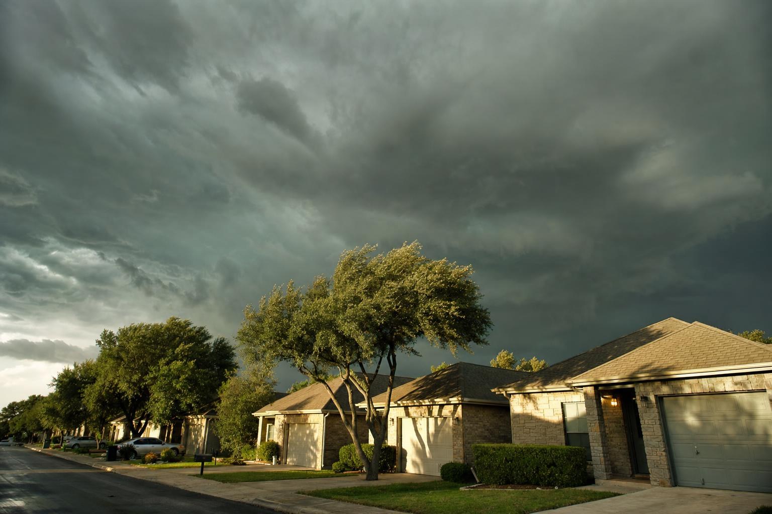 A dark green-gray hail cell moving over the shingled rooftops of a residential block, the last hard daylight raking the street below