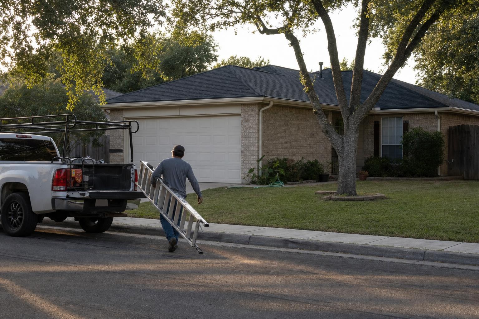A freshly finished shingle roof in late-afternoon light seen from the neighbor’s yard across the street, a crew member carrying a ladder back to the truck