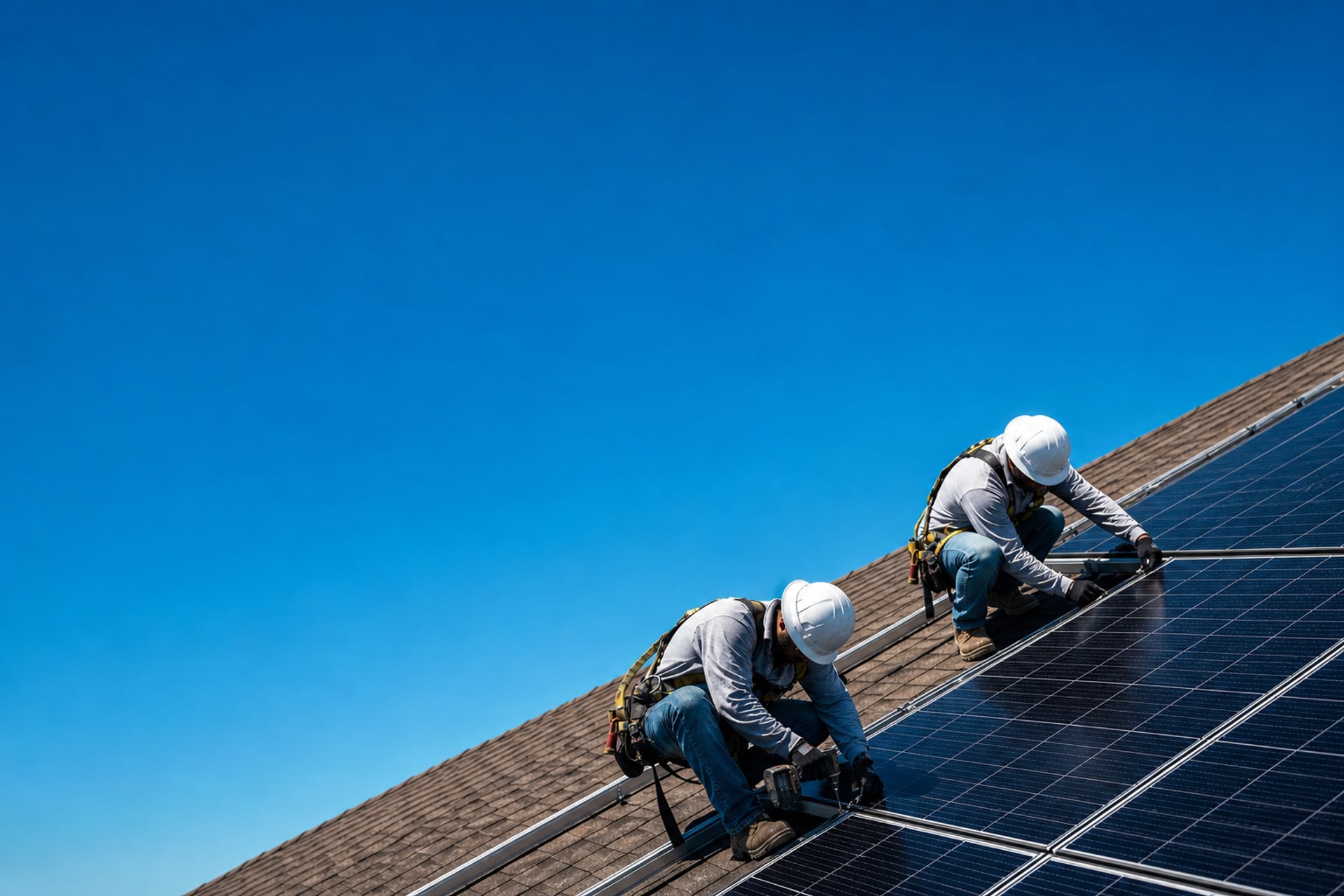The panel-covered pitch of a roof cutting diagonally under a deep blue morning sky, two installers at the panel edge