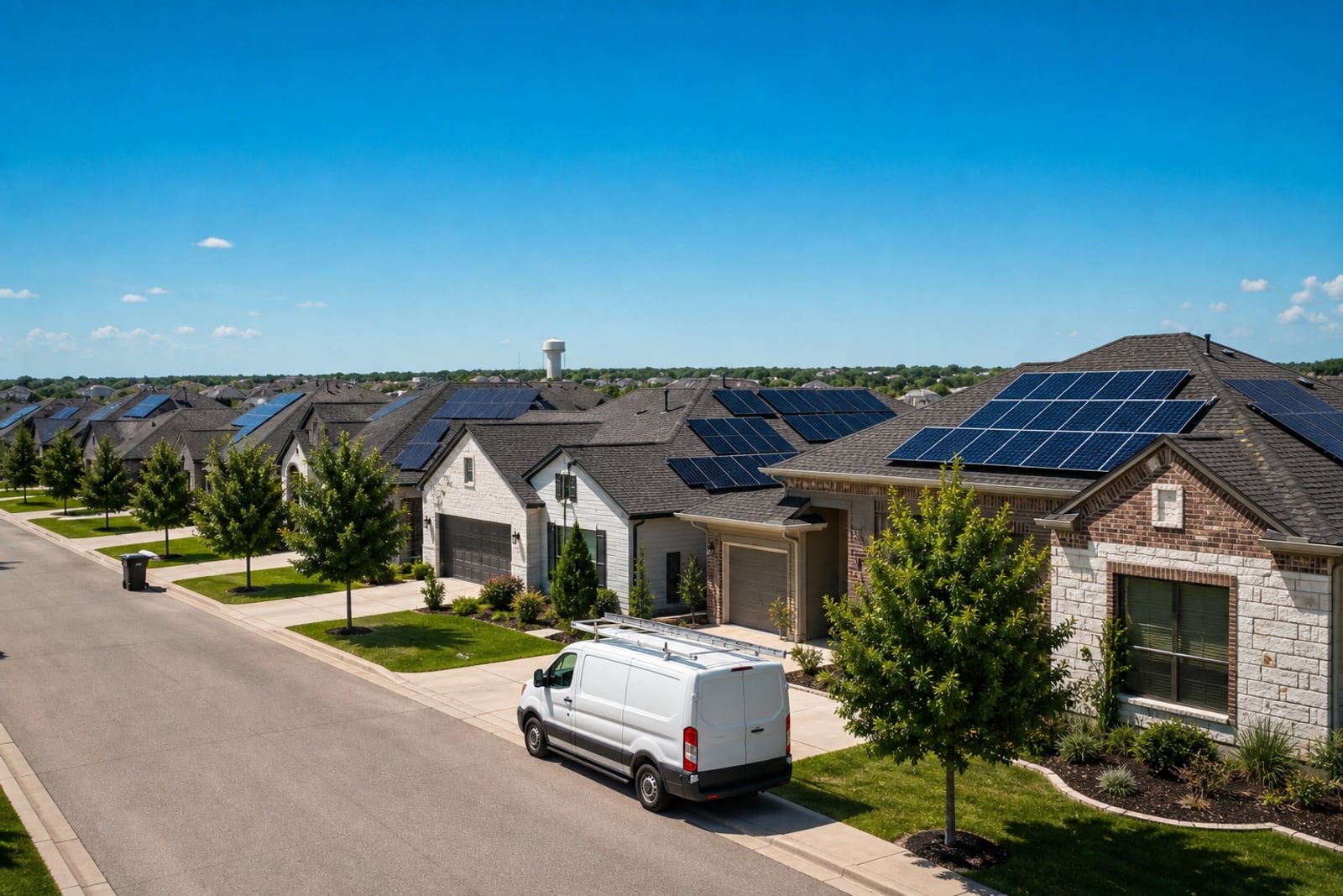 A suburban street at midday with solar arrays flashing on several rooftops