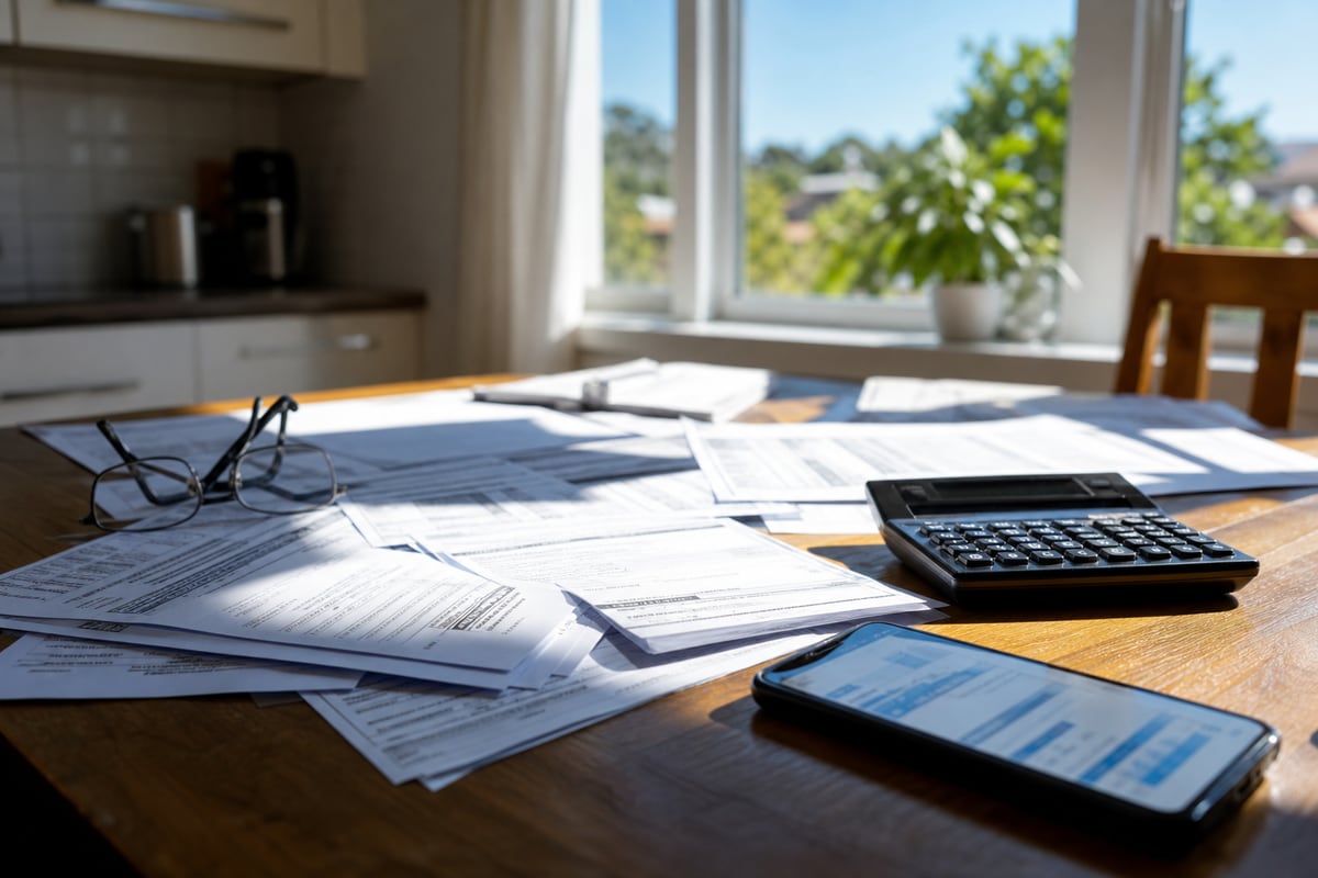A kitchen table in midday light with utility bills, a calculator, and a phone face-up