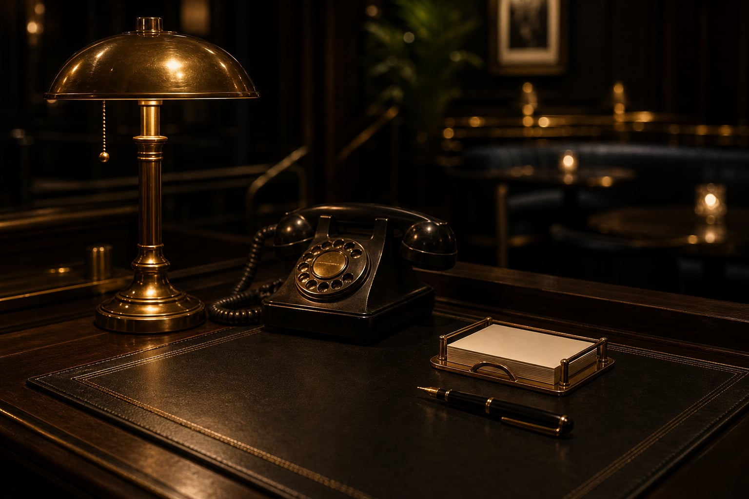 The host desk by the entry — brass lamp lit, reservation book open, phone at rest