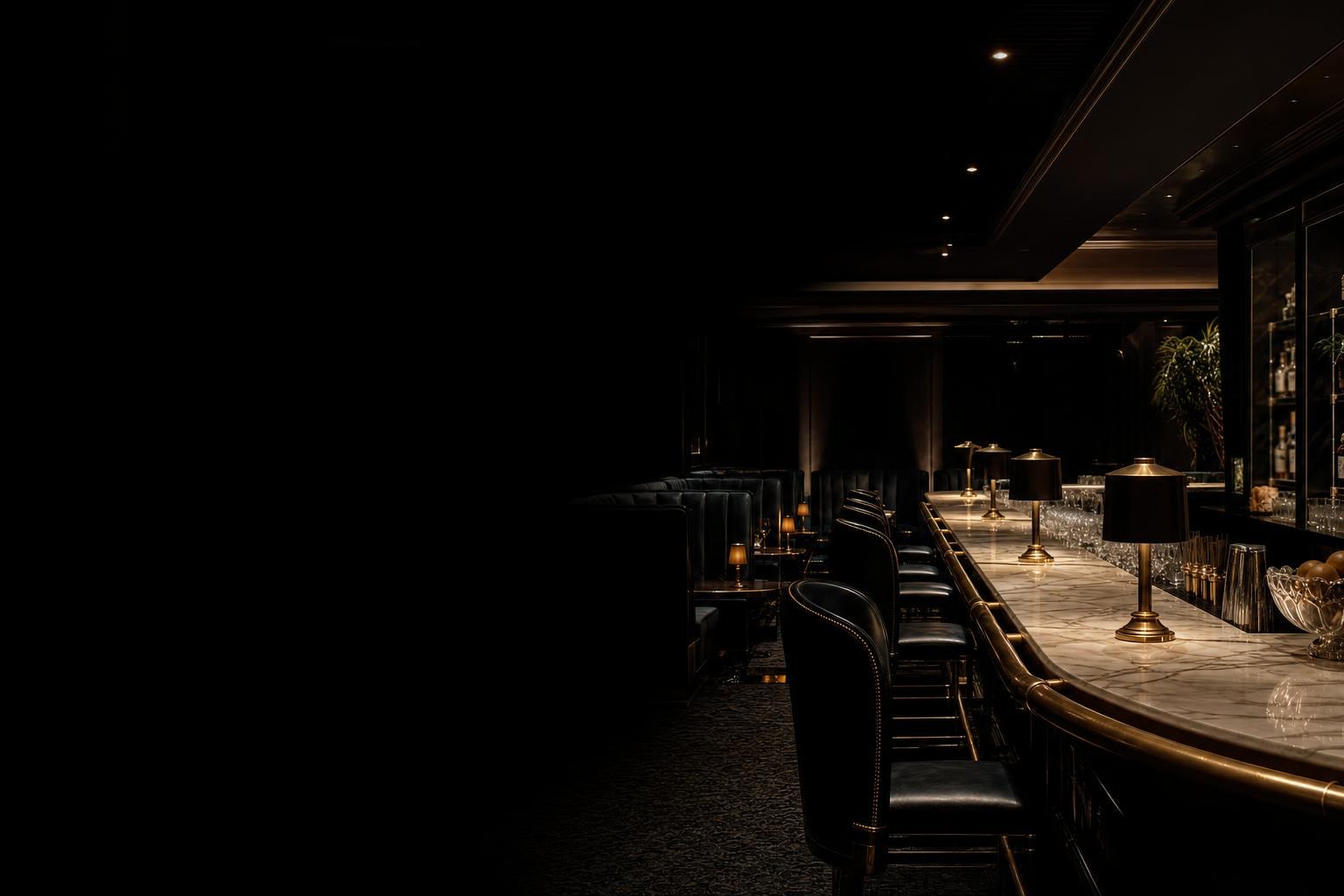 An upscale lounge before opening — velvet booths, low brass light, the room set and waiting