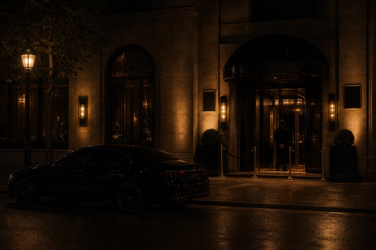 The club entrance at night — lit awning, a black car waiting at the curb, the door held open