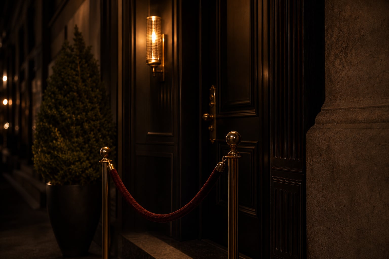 A velvet rope on brass stanchions at the entry, unhooked and waiting