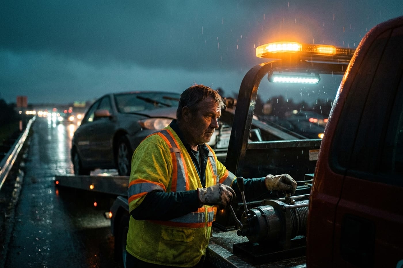 A tow operator in a hi-viz reflective vest working the winch controls at night in the rain, amber beacon lit, a damaged car loaded on the flatbed behind him