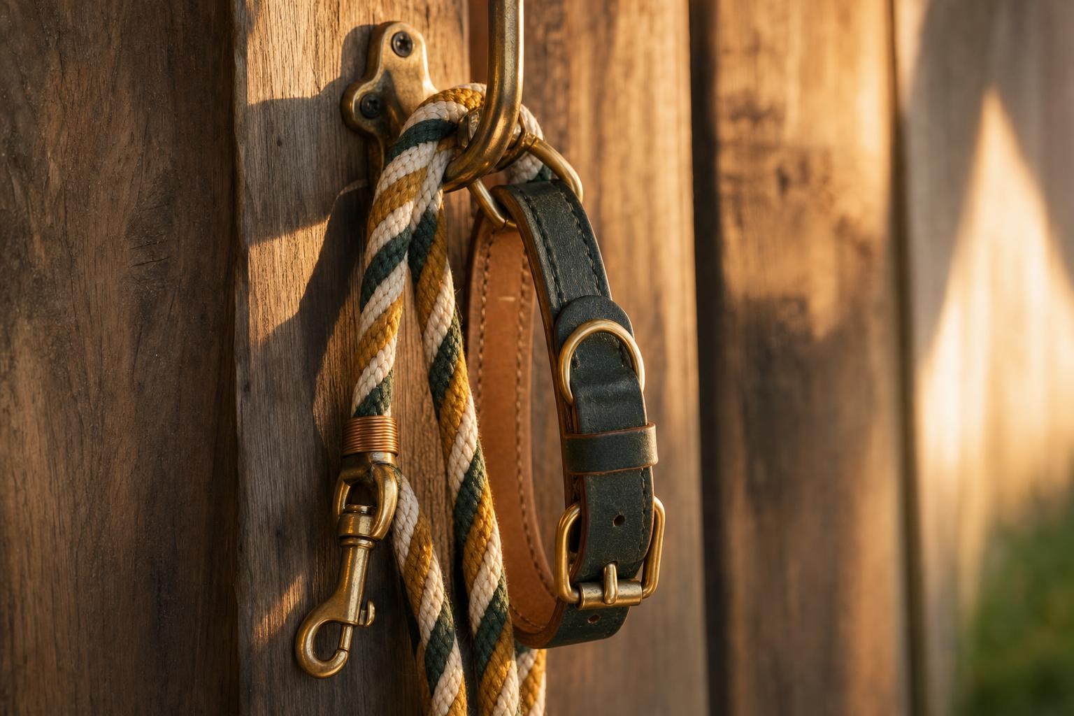 A leash and collar hanging on a wooden hook in golden afternoon light