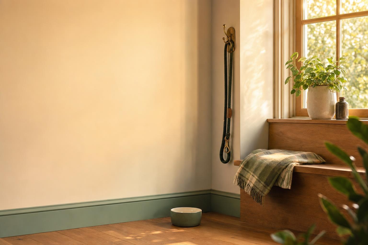 A small veterinary practice’s reception in warm late-afternoon light — wooden bench, a leash on its hook, a water bowl by the door